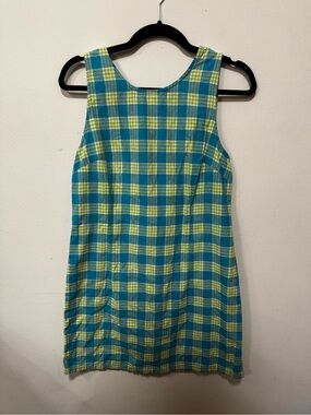 Vintage Plaid Shift Mini Dress in Teal and Lime